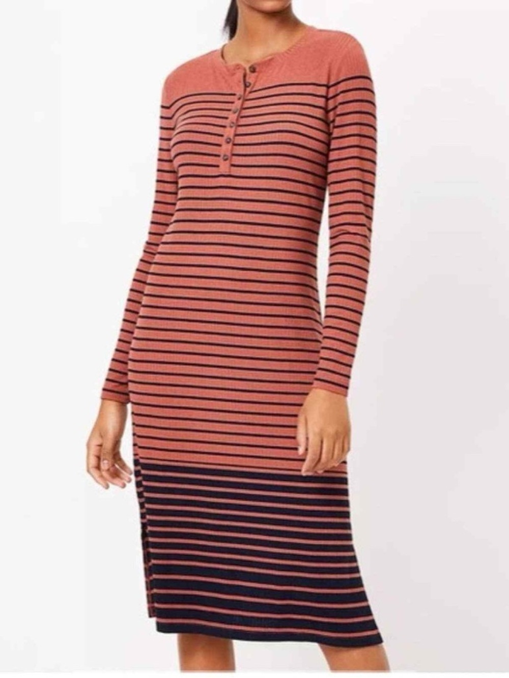 LOFT Dress Women’s L Striped Henley Midi Long Sleeve NWT!